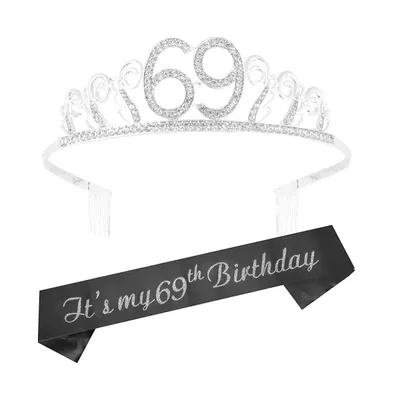 69th Birthday Women's Glitter Sash and Silver Waves Rhinestone Metal Tiara Set - Fabulous Party Accessories and Gift for Her Celebrating 69 Years