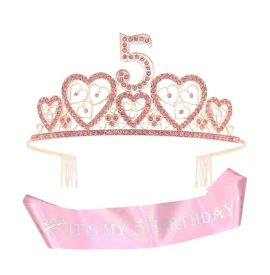 5th Birthday Glitter Sash and Pink Hearts Rhinestone Metal Tiara for Girls, Perfect Princess Party Accessories and Gifts for Celebrating Turning Five