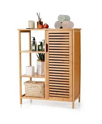 Costway Bathroom Cabinet Bamboo Storage Floor Cabinet w/ Single Door & 3 Open Shelves