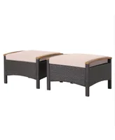 Costway Set of 2 Patio Rattan Ottoman Footrest Cushions Wooden Handle