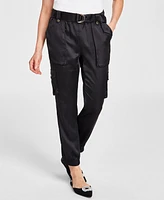 I.n.c. International Concepts Women's Petite High-Rise Belted Satin Cargo Pants