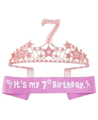 7th Birthday Sash and Tiara for Girls - Glitter Sash with Starry Sky Rhinestone Silver Metal Tiara, Perfect for Princess Party and Birthday Gifts