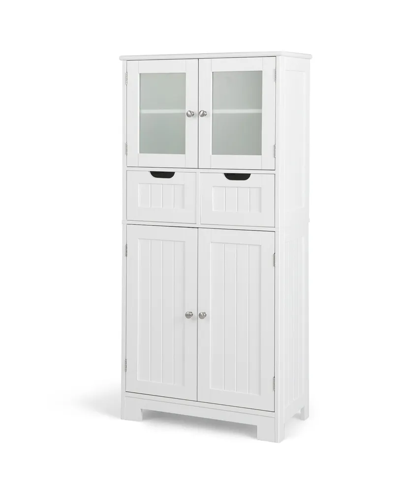 Costway Bathroom Floor Storage Cabinet Kitchen Cupboard with 2 Drawers & Glass Doors
