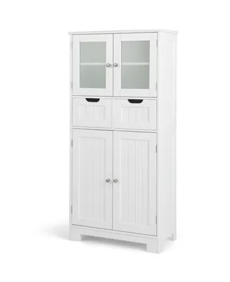 Bathroom Floor Storage Cabinet Kitchen Cupboard with 2 Drawers & Glass Doors