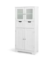 Costway Bathroom Floor Storage Cabinet Kitchen Cupboard with 2 Drawers & Glass Doors