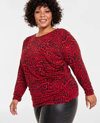 Inc Plus Printed Long-Sleeve Drape-Front Top, Created for Macy's