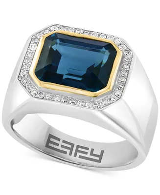 Effy Men's London Blue Topaz (6-1/10 ct. t.w.) & Diamond (1/5 ct. t.w.) Halo Ring in Sterling Silver & 14k Gold-Plated Sterling Silver