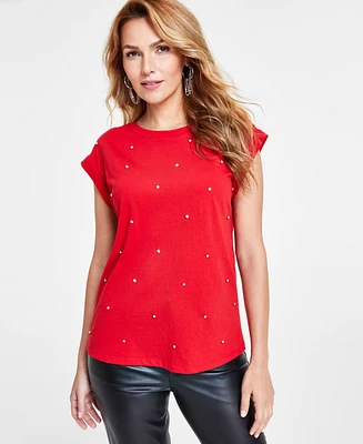 I.n.c. International Concepts Women's Embellished Rolled-Sleeve Top, Created for Macy's