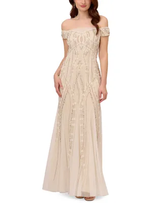 Adrianna Papell Women's Beaded Off-The-Shoulder Gown
