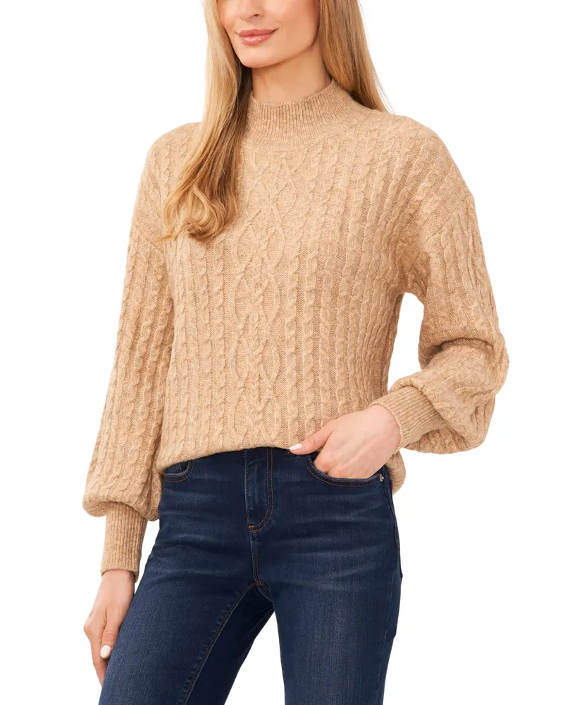 CeCe Women's Cable-Knit Mock Neck Bishop Sleeve Sweater