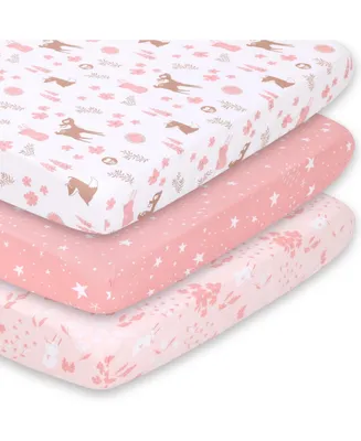 The Peanutshell Woodland Floral 3-Pack Fitted Playard Sheets in Pink, Tan and White