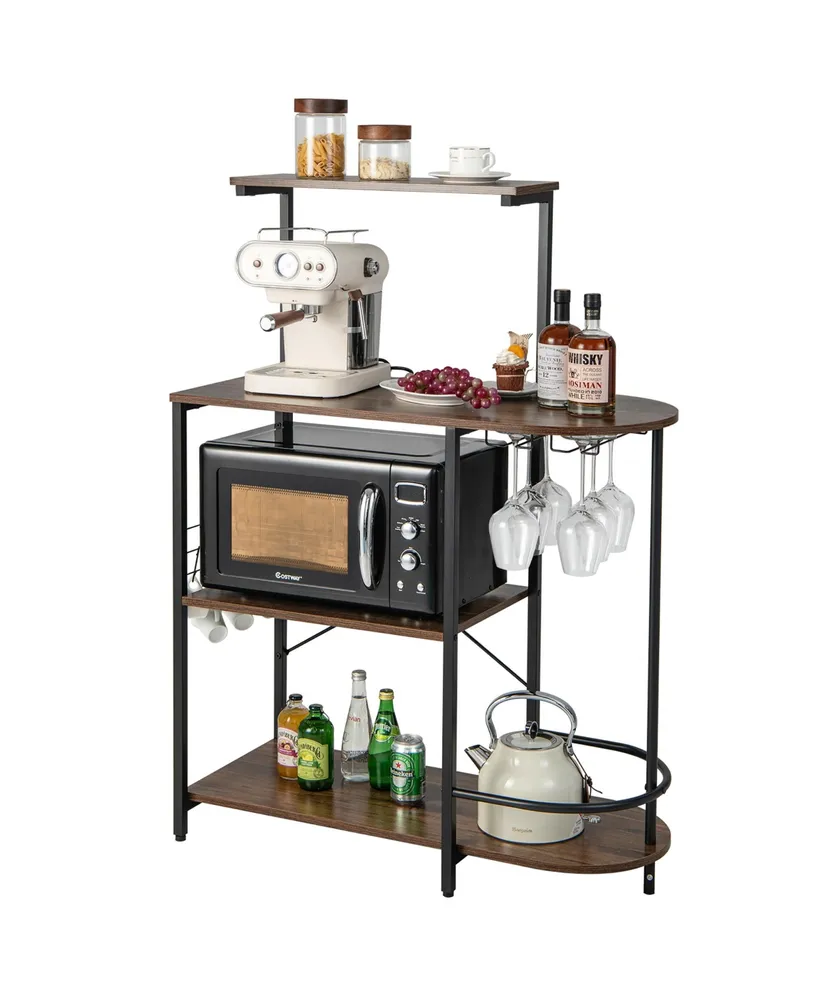 Costway Kitchen Bakers Rack Microwave Stand Coffee Bar w/ S-Hooks & Stemware Holder