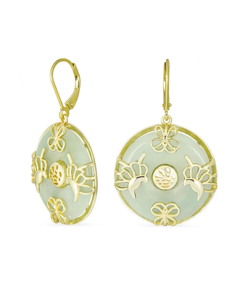 Bling Jewelry Asian Style Dangle Circle Round Donut Good Fortune Light Green Natural Jade Butterfly Disc Drop Statement Earrings 14K Gold Overlay Ster