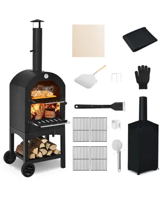 Costway Outdoor Pizza Oven Wood Fire Pizza Maker Grill w/ Pizza Stone & Waterproof Cover