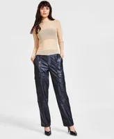 Bar Iii Womens Mock Neck Long Sleeve Top Faux Leather Cargo Pants Created For Macys