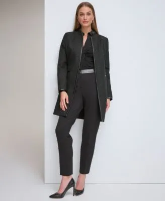 Dkny Womens Lurex Open Front Tweed Jacket Twisted Faux Leather Collar Top Low Rise Faux Leather Trim Ankle Pants