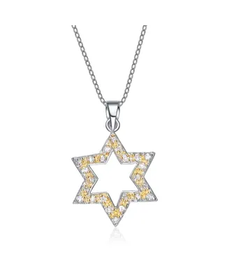 Genevive Sterling Silver White Gold Plated Yellow Cubic Zirconia Open Star Necklace