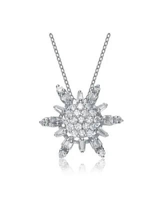 Genevive Sterling Silver White Gold Plated With White Cubic Zirconia Stones Sun Design Pendant