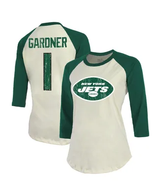 Women's Majestic Threads Ahmad Sauce Gardner Cream, Green New York Jets Player Name and Number Raglan 3/4-Sleeve T-shirt