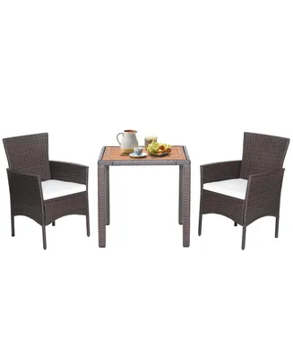 3PCS Patio Wicker Dining Set Acacia Wood Table Top with Cushioned Chairs Garden