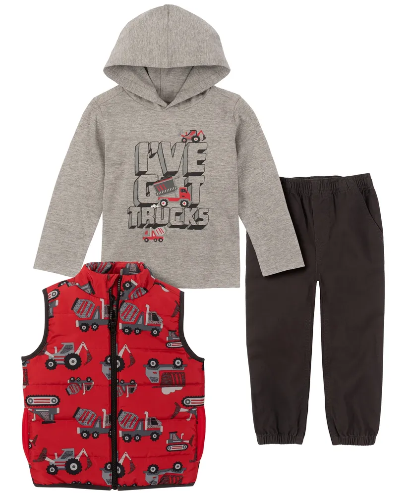 Kids Headquarters Little Boys Hooded Truck T-shirt, Printed Puffer Vest and Twill Joggers, 3 Piece Set