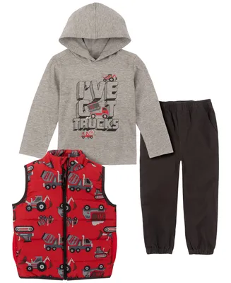 Kids Headquarters Little Boys Hooded Truck T-shirt, Printed Puffer Vest and Twill Joggers, 3 Piece Set