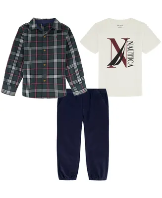 Nautica Baby Boys J-Class Logo T-shirt, Long Sleeve Plaid Shirt and Twill Joggers, 3 Piece Set