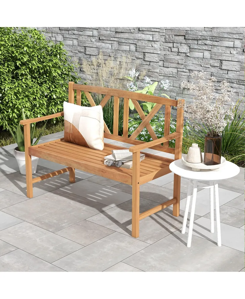 Patio Acacia Wood 2-Person Slatted Bench Outdoor Loveseat Chair Garden