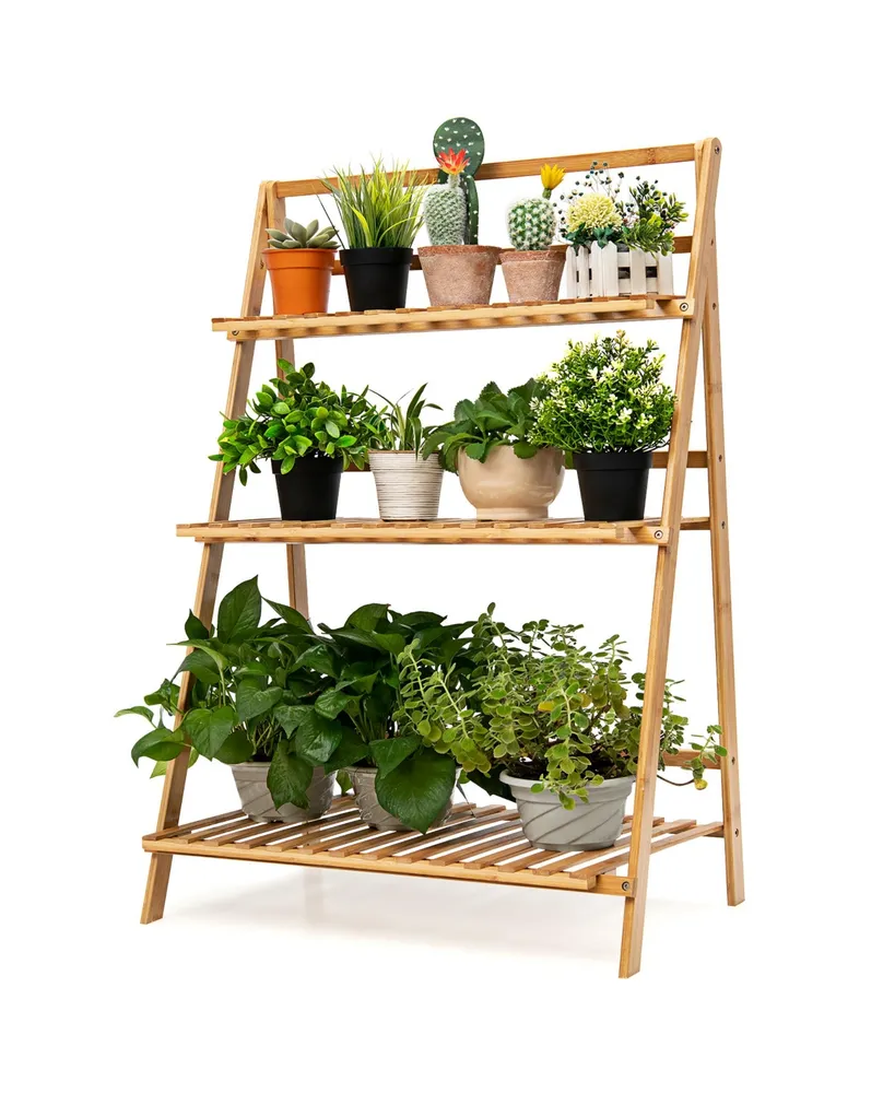 Costway Bamboo Ladder Plant Stand 3-Tier Foldable Flower Pot Display Shelf Rack