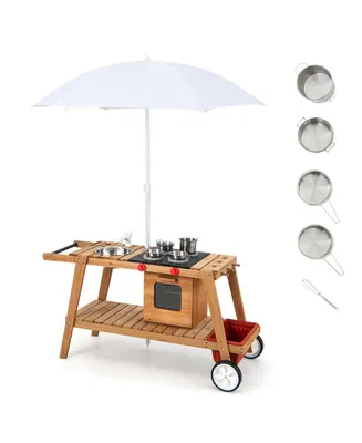 Kid's Play Trolley Outdoor Wooden Kids Play Cart with Sun Umbrella for Toddlers 3+