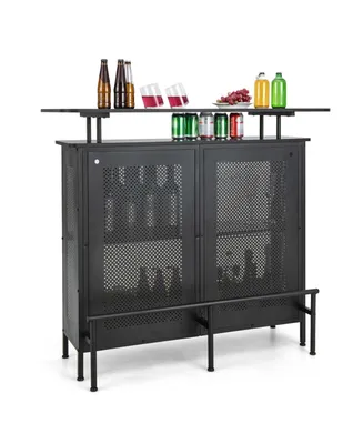 Costway 4-Tier Metal Home Bar Unit Liquor Bar Table with Storage Shelves & 6 Glass Holders