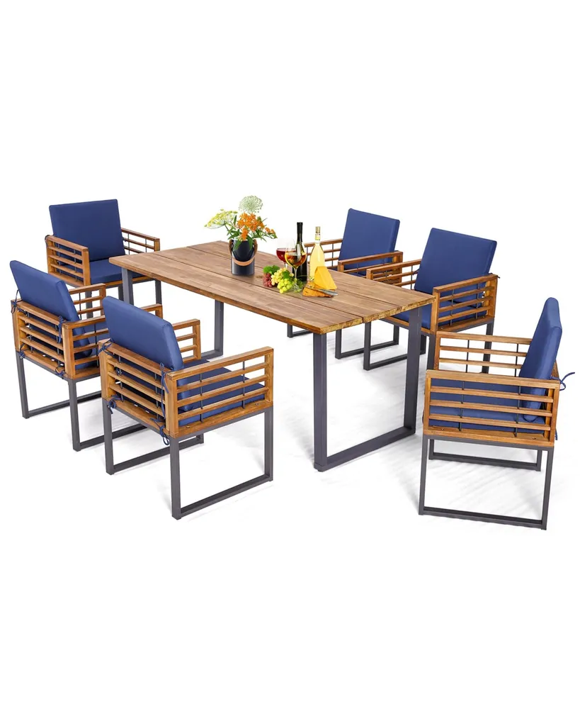 Costway 7pcs Patio Acacia Wood Dining Chair & Table Set Heavy-Duty Space-Saving Outdoor