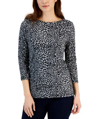 Style & Co Women's Small Textured Leopard Pima Boat-Neck Top, Regular & Petite, Created for Macy's