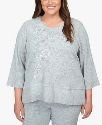 Alfred Dunner Plus Size Comfort Zone Flower Embroidery Split Hem Top