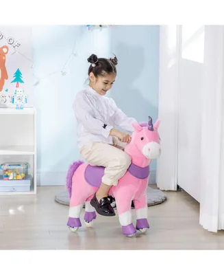 Qaba Ride On Real Walking Unicorn with Sparkly Horn, Soft Plush Ride On Rocking Horse Bearing 176lbs, Imaginative Interactive Toy for Kids, Unicorn Gi