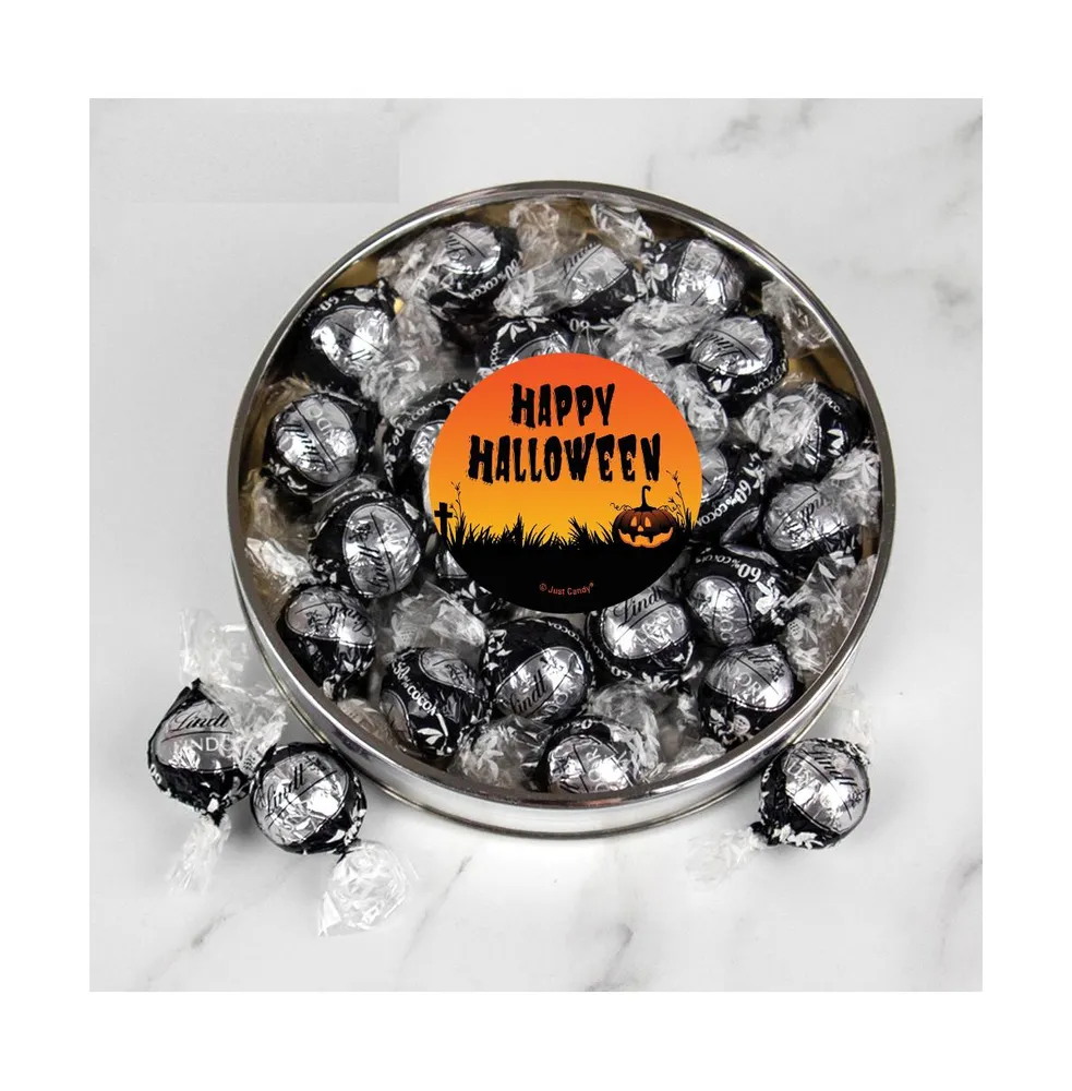 Halloween Candy Gift Tin with Chocolate Lindor Truffles by Lindt Large Plastic Tin with Sticker By Just Candy - Pumpkin - Assorted pre