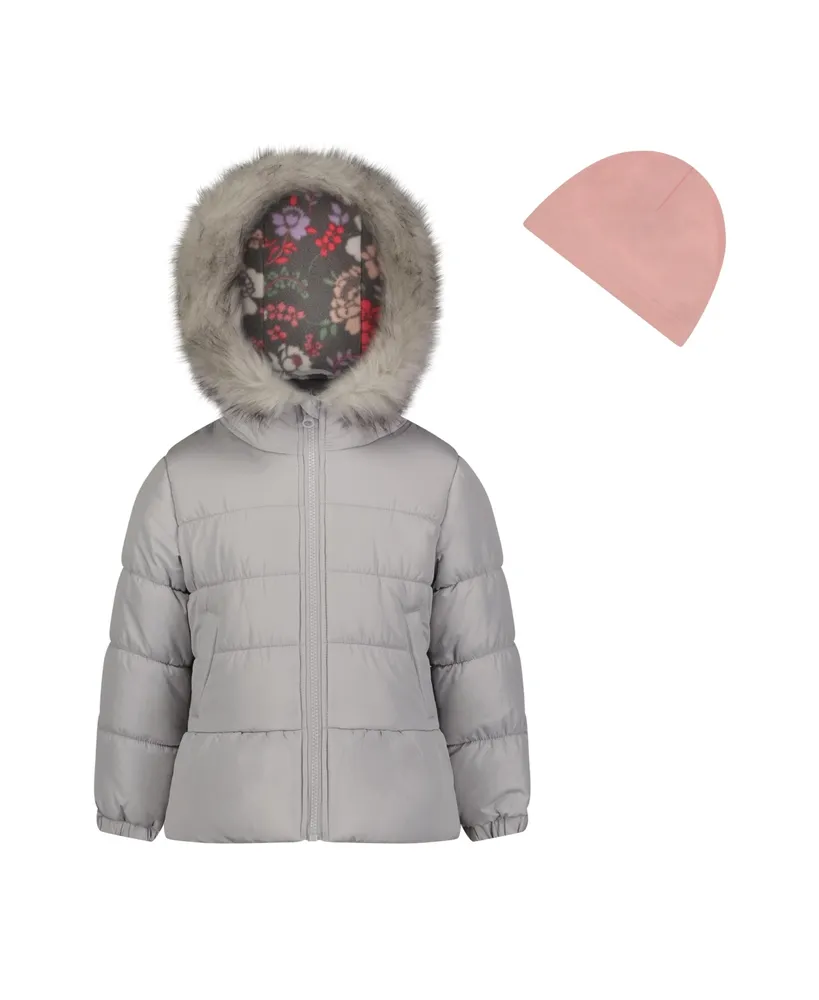 Weathertamer Little Girls Solid with Faux Fur Trim Jacket and Fleece Beanie Set