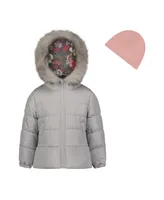 Weathertamer Little Girls Solid with Faux Fur Trim Jacket and Fleece Beanie Set
