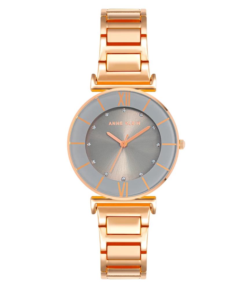 Anne Klein Women's Three Hand Quartz Rose Gold-tone Alloy with Gray Sunray Dial Watch, 32mm - Gray-Rose Gold