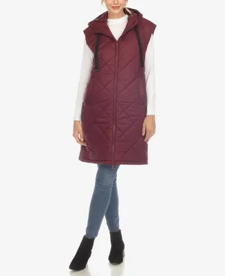 White Mark Women's Diamond Quilted Hooded Long Puffer Vest Jacket