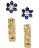 2-Pc. Set Lab-Grown Blue Spinel (3/4 ct. t.w.) & Lab-Grown White Sapphire (1/10 ct. t.w.) Flower Stud & Rope Hoop Earrings in 14k Gold-Plated Sterling