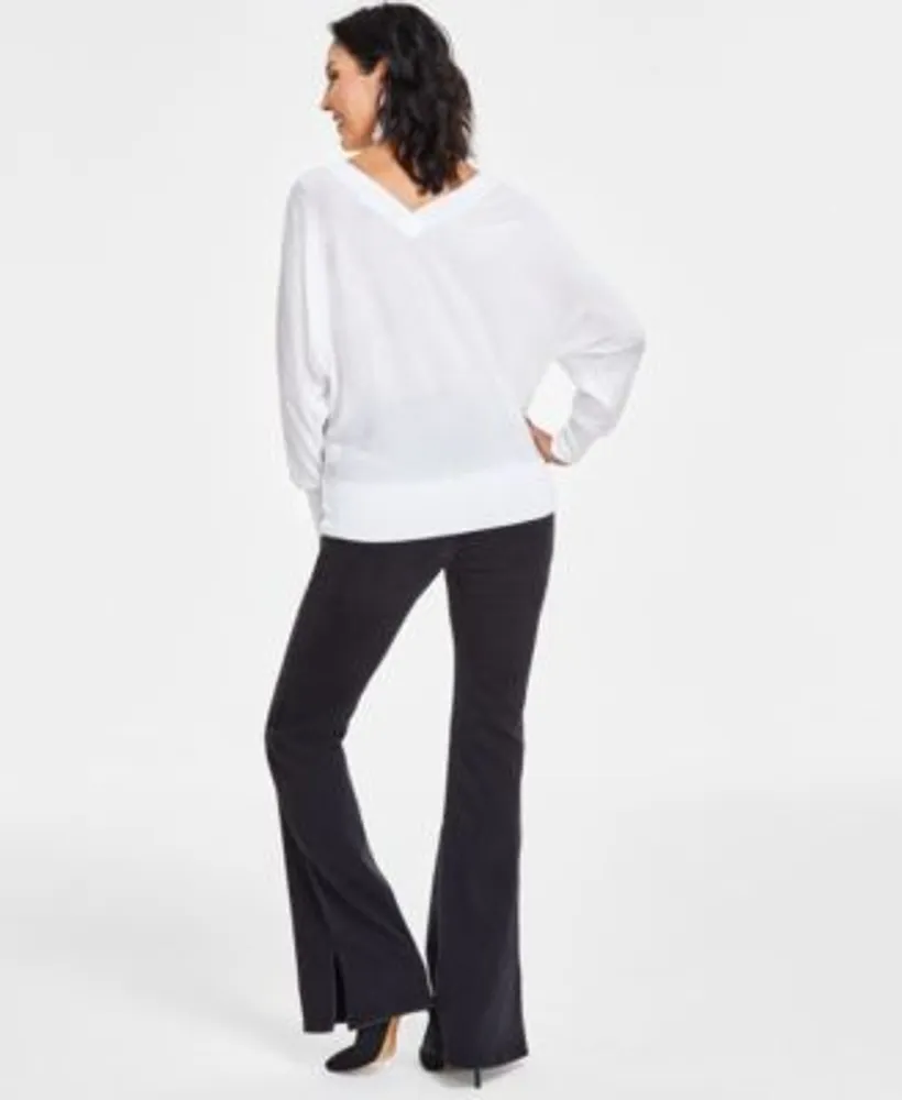 I.N.C. International Concepts Womens Double V Neck Sweater High Rise Rhinestone Studded Flare Jeans Created For Macys