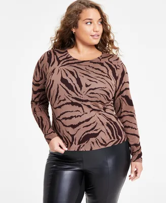 Bar Iii Plus Size Printed Long-Sleeve Jersey Knit Top, Created for Macy's