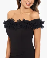 Xscape Petite Ruffle-Trim Off-The-Shoulder Gown