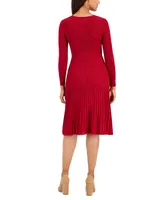 Robbie Bee Petite Ribbed Pleated-Skirt Belted Sweater Dress