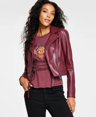 Guess Women's Venom Cropped Moto Long-Sleeve Zipper Jacket Pleather