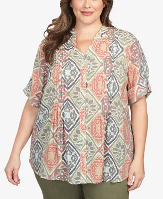 Ruby Rd. Plus Woodblock Diamond Print Button Front Top