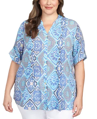 Ruby Rd. Plus Size Woodblock Diamond Print Button Front Top