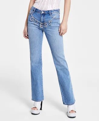 Guess Women's Embellished-Chain Straight-Leg Denim Jeans