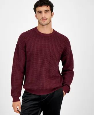 Guess Men's Two Tone Crewneck Long Sleeve Waffle Knit Sweater